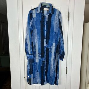 Wishing Waves Semi-Sheer Denim Print Long Duster Swimsuit Coverup